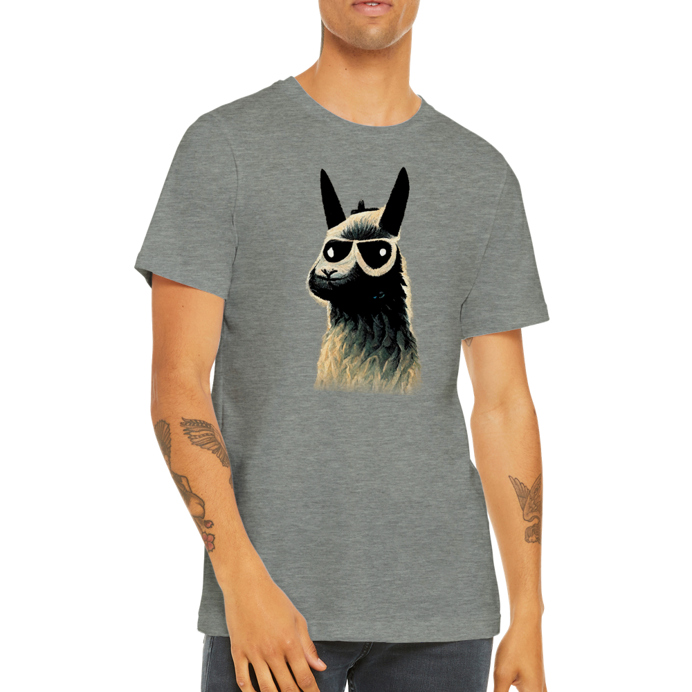 guy wearing a grey t-shirt with a llama wearing sunglasses print