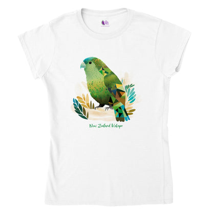 white t-shirt with a new zealand kakapo print