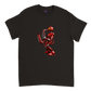 Black t-shirt with a red robot playing a saxophone