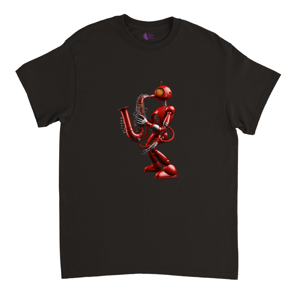 Black t-shirt with a red robot playing a saxophone