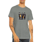 guy wearing a grey t-shirt with a pop-art jazz trio print