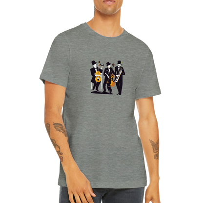 guy wearing a grey t-shirt with a pop-art jazz trio print