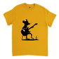 gold t-shirt with a rat playing guitar print