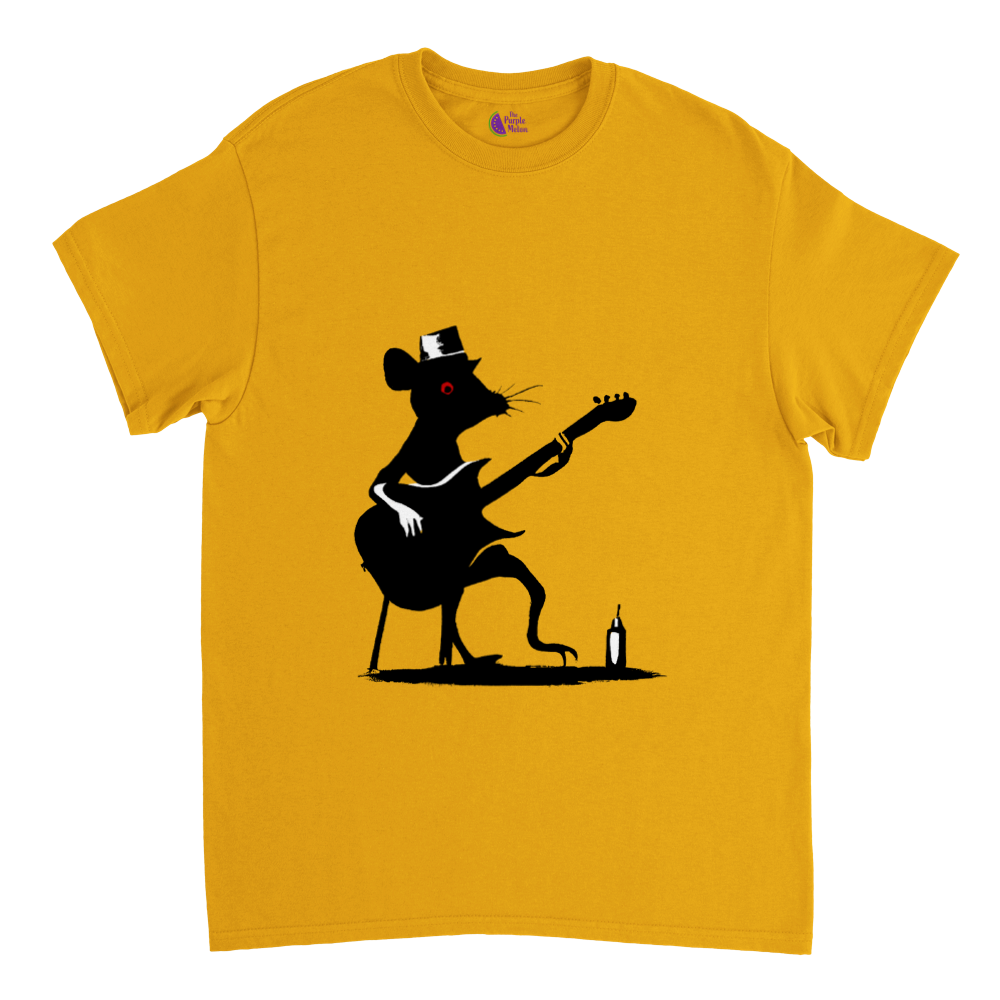 gold t-shirt with a rat playing guitar print