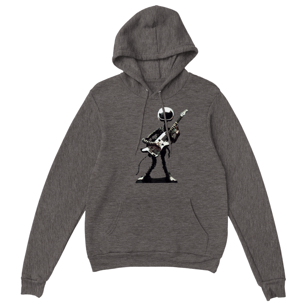 Grey hoodie with an alien guitarist print on the front
