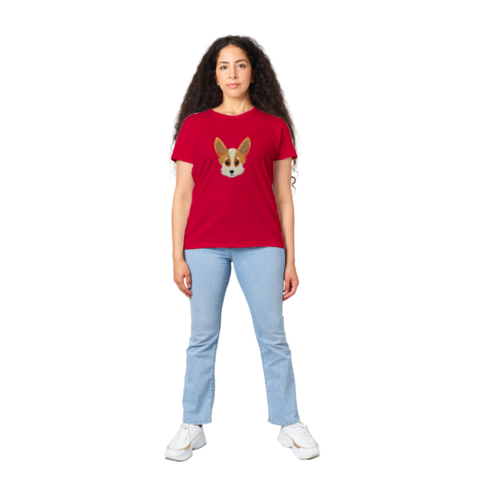 Girl wearing a red t-shirt with a cute corgi print