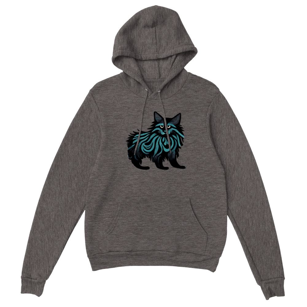 Grey pullover hoodie with maine coon cat print