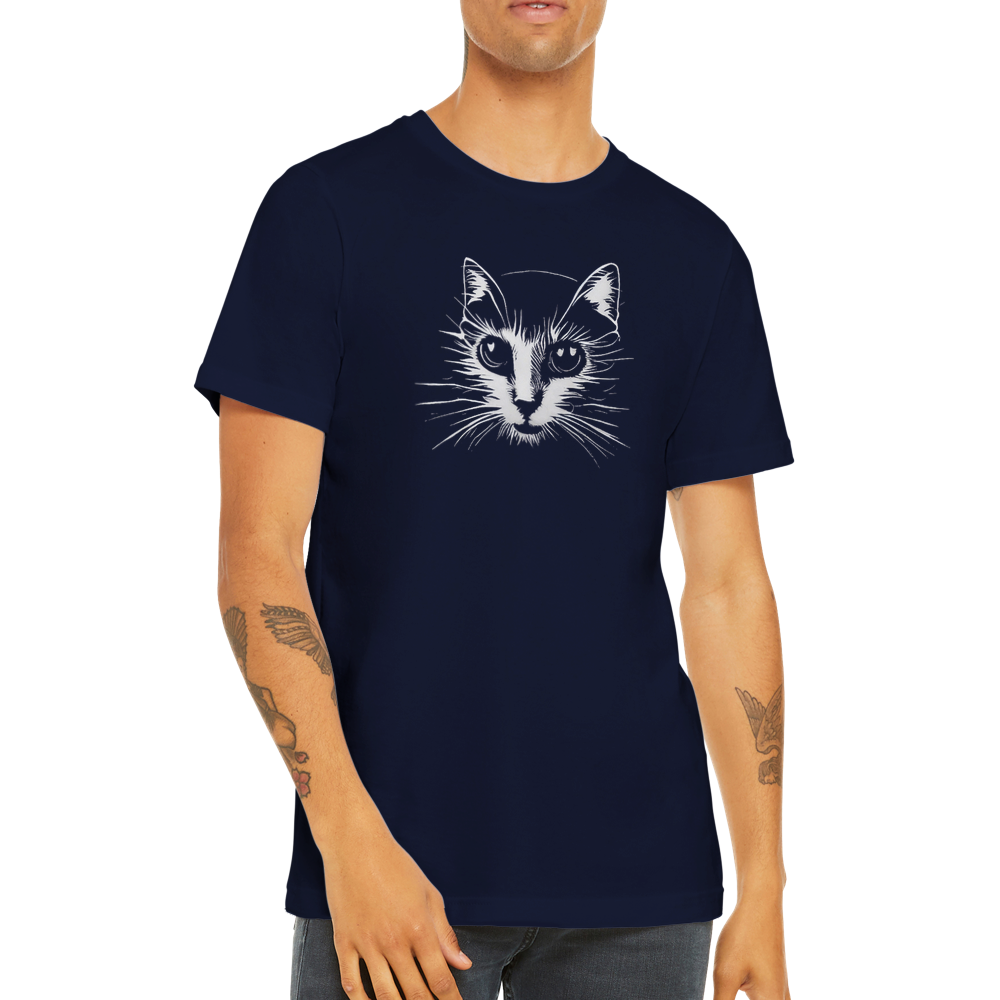 guy wearing a navy t-shirt with a cat print