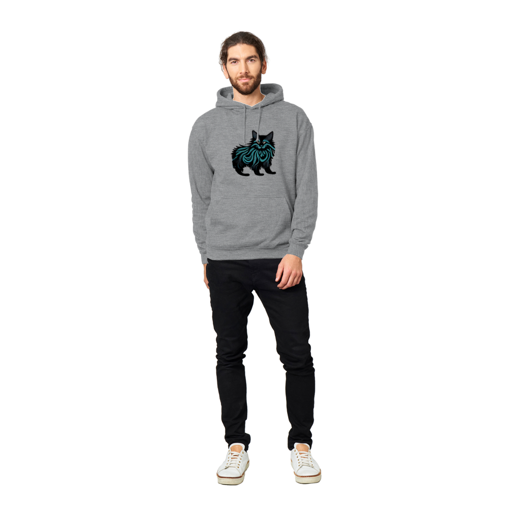 Guy wearing a Grey pullover hoodie with maine coon cat print