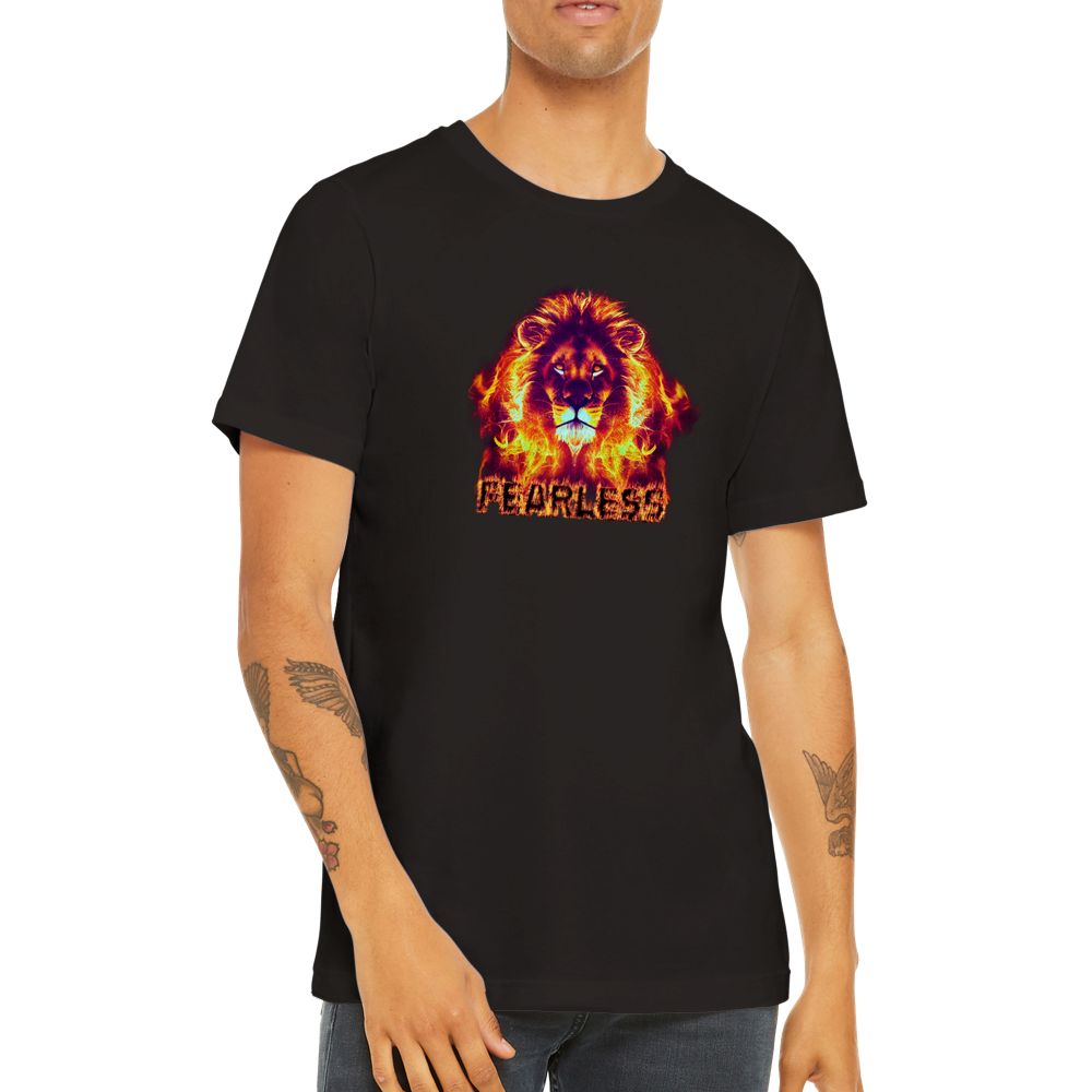 black t-shirt with a flaming lion and fearless caption print