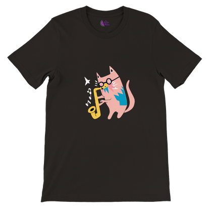 Pink Cat Playing a Saxophone Premium Unisex Crewneck T-shirt.