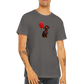 man wearing a grey t-shirt with a dachshund dog with red balloon print