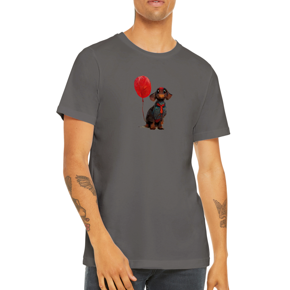 man wearing a grey t-shirt with a dachshund dog with red balloon print
