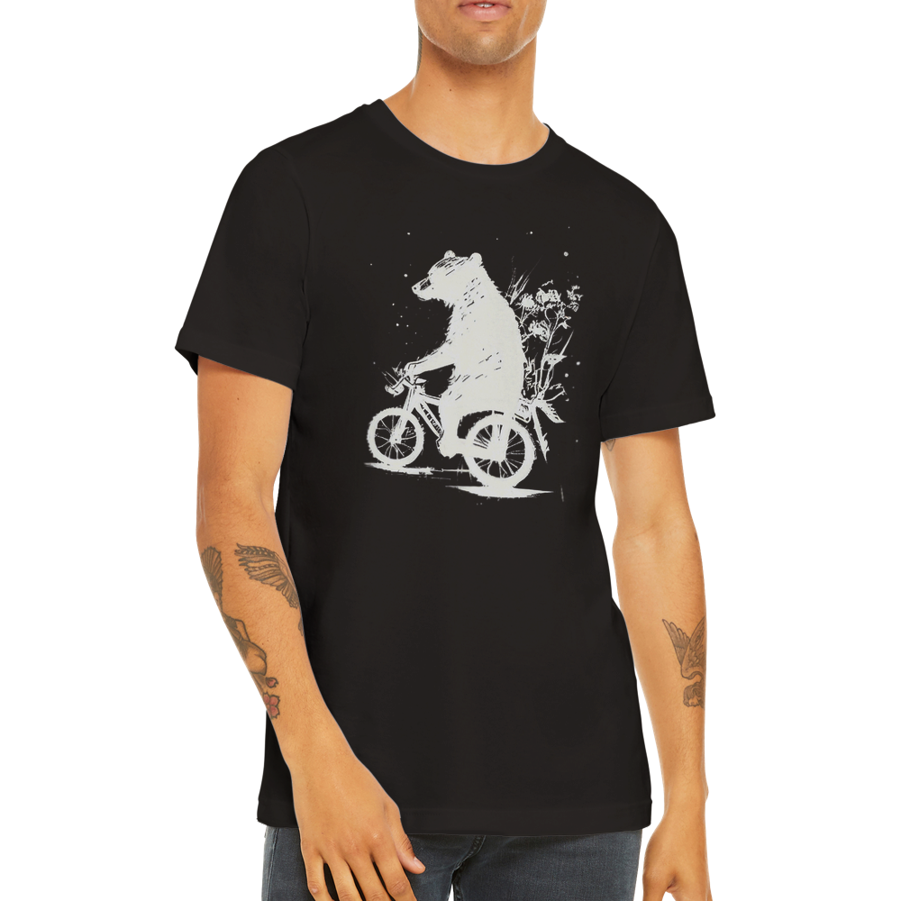 A guy wearing a black t-shirt with a bear riding a bike print