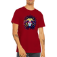 A guy wearing a red t-shirt with a colourful lion with dreadlocks print