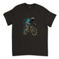 Black t-shirt with a happy bear riding a bike print