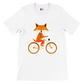 White t-shirt with a print of a cute fox riding a bike