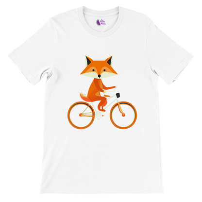 White t-shirt with a print of a cute fox riding a bike