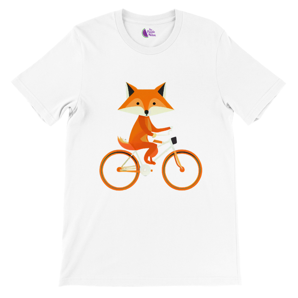 White t-shirt with a print of a cute fox riding a bike