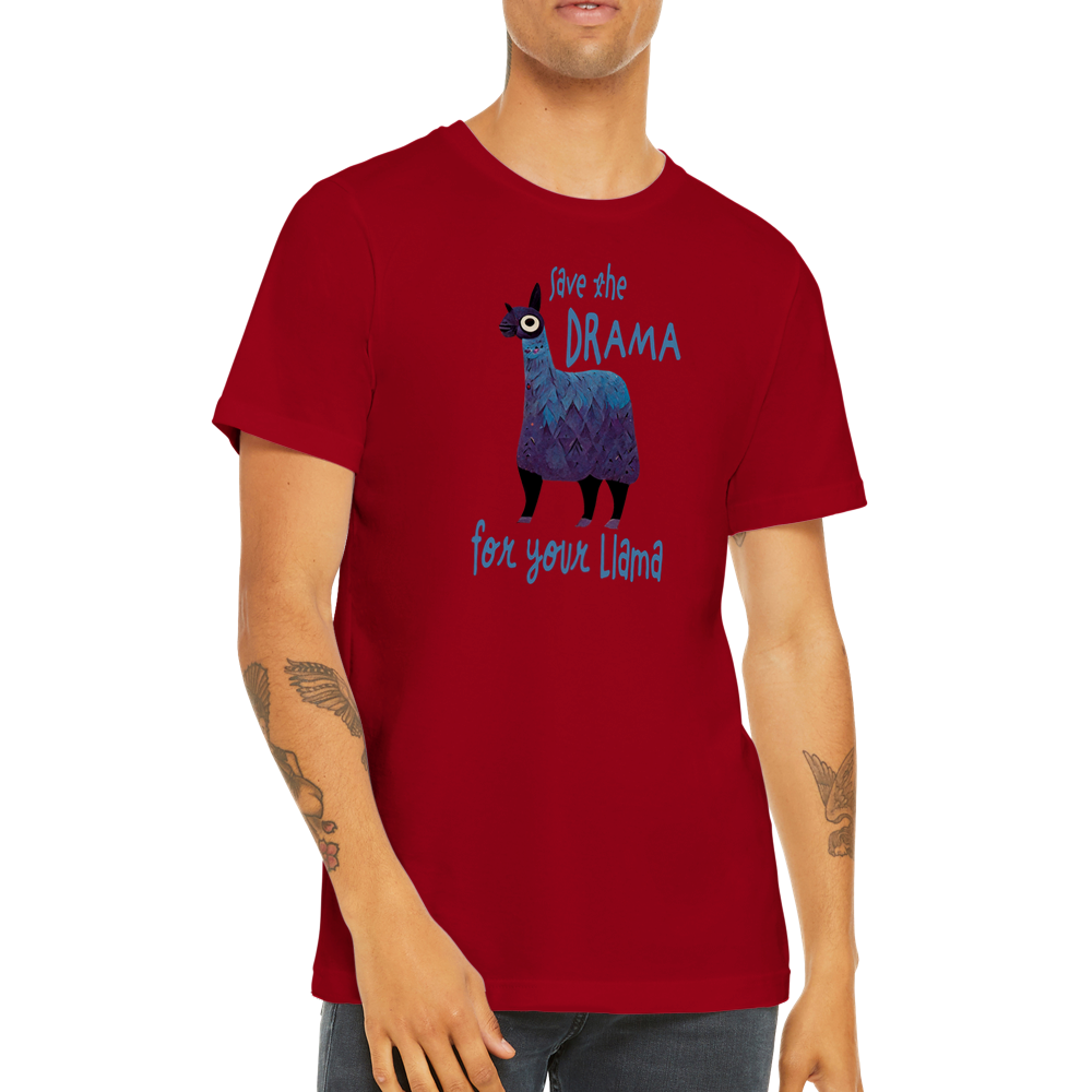 Guy wearing a red t-shirt with the caption Save the Drama For Your Llama and cute llama graphic.