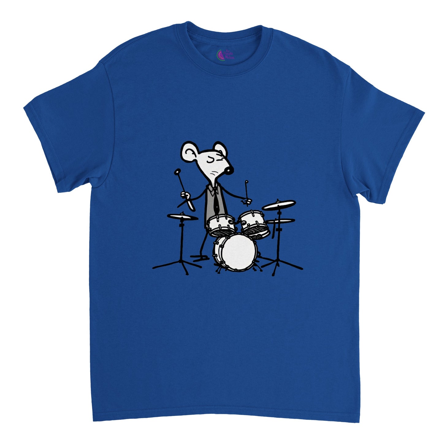 royal blue t-shirt with a mouse playing drums print