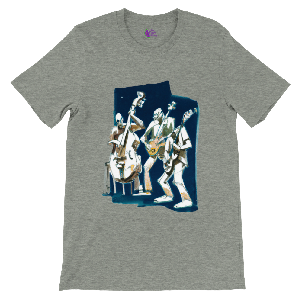 Grey t-shirt with the print of a jazz trio on the front