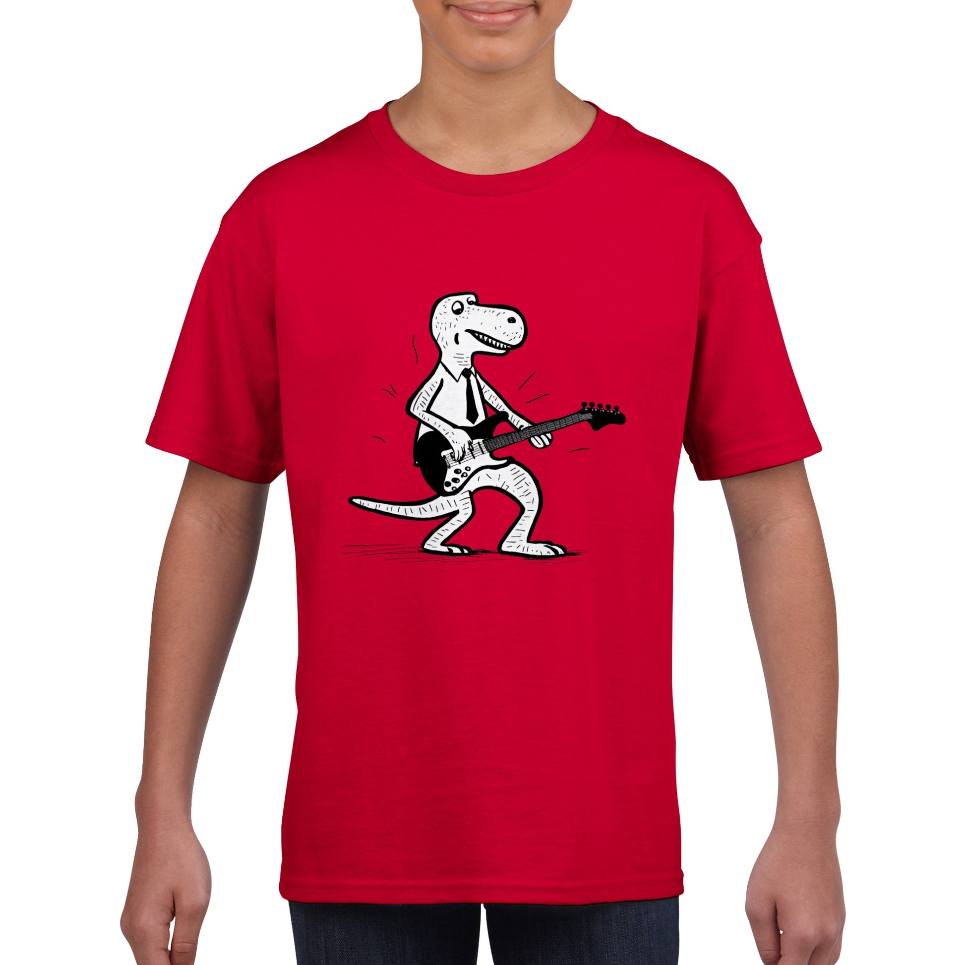 boy wearing a red t-shirt with a t-rex dinosaur wearing a tie playing the guitar print