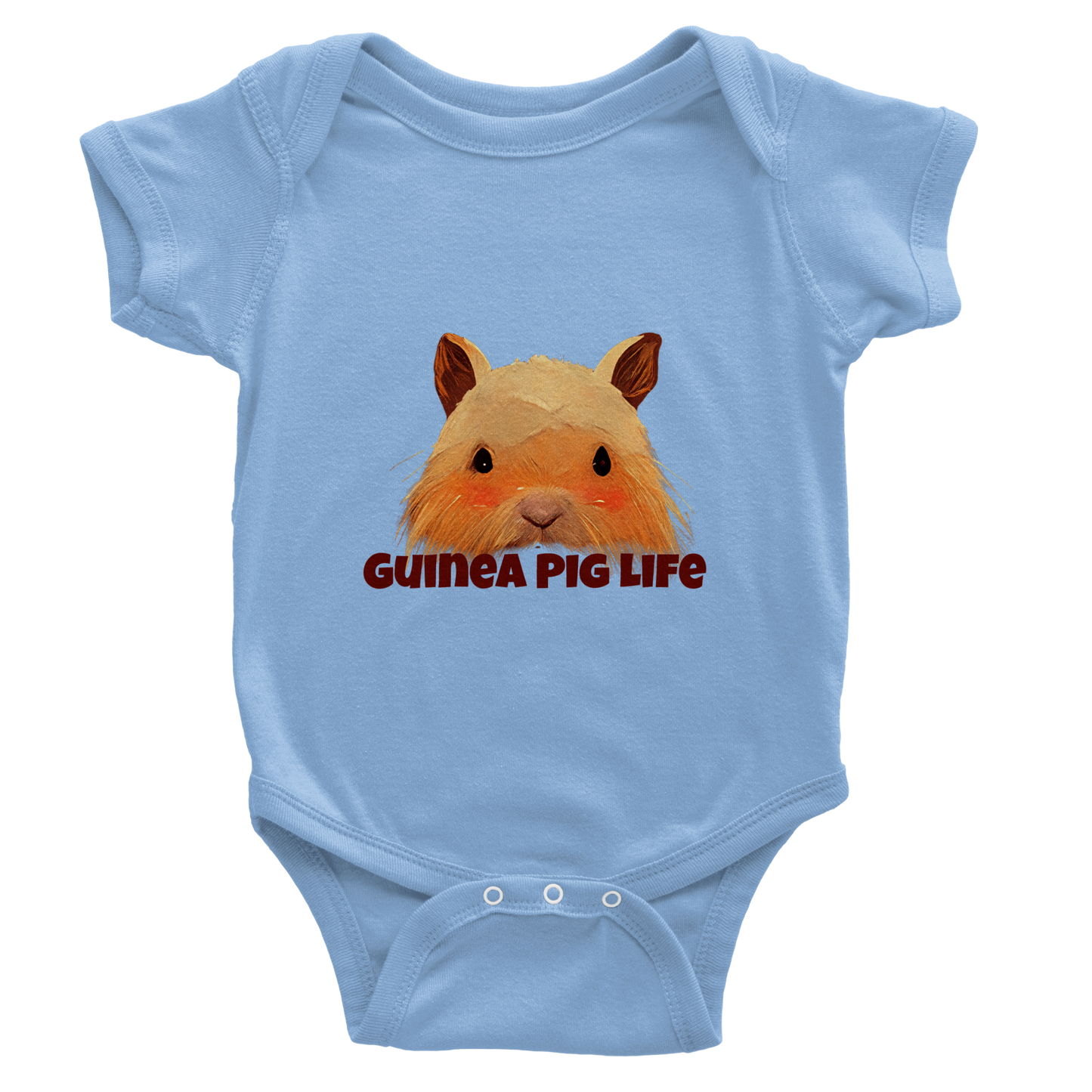 Blue short sleeve baby onesie with cute Guinea Pig life print