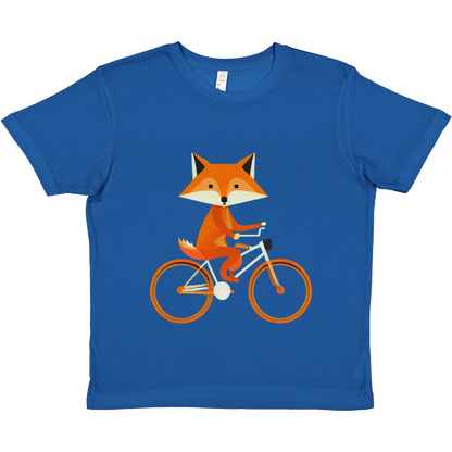 Royal blue t-shirt with a cute fox riding a bike print