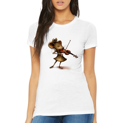 woman wearing a white t-shirt with a mouse playing a violin print