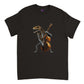 Black t-shirt with a skeleton of a t-rex playing a double bass