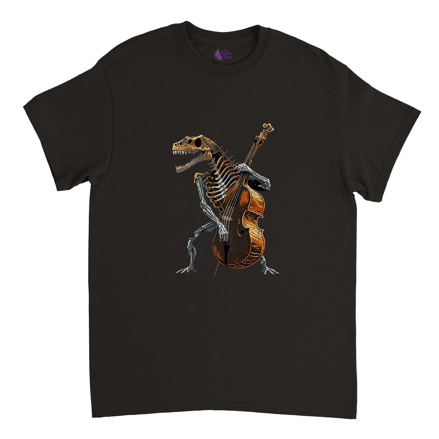 Black t-shirt with a skeleton of a t-rex playing a double bass