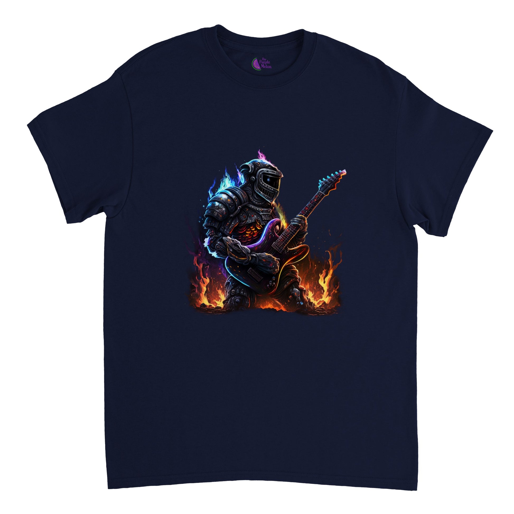 Navy t-shirt with Space Robot on fire playing the guitar