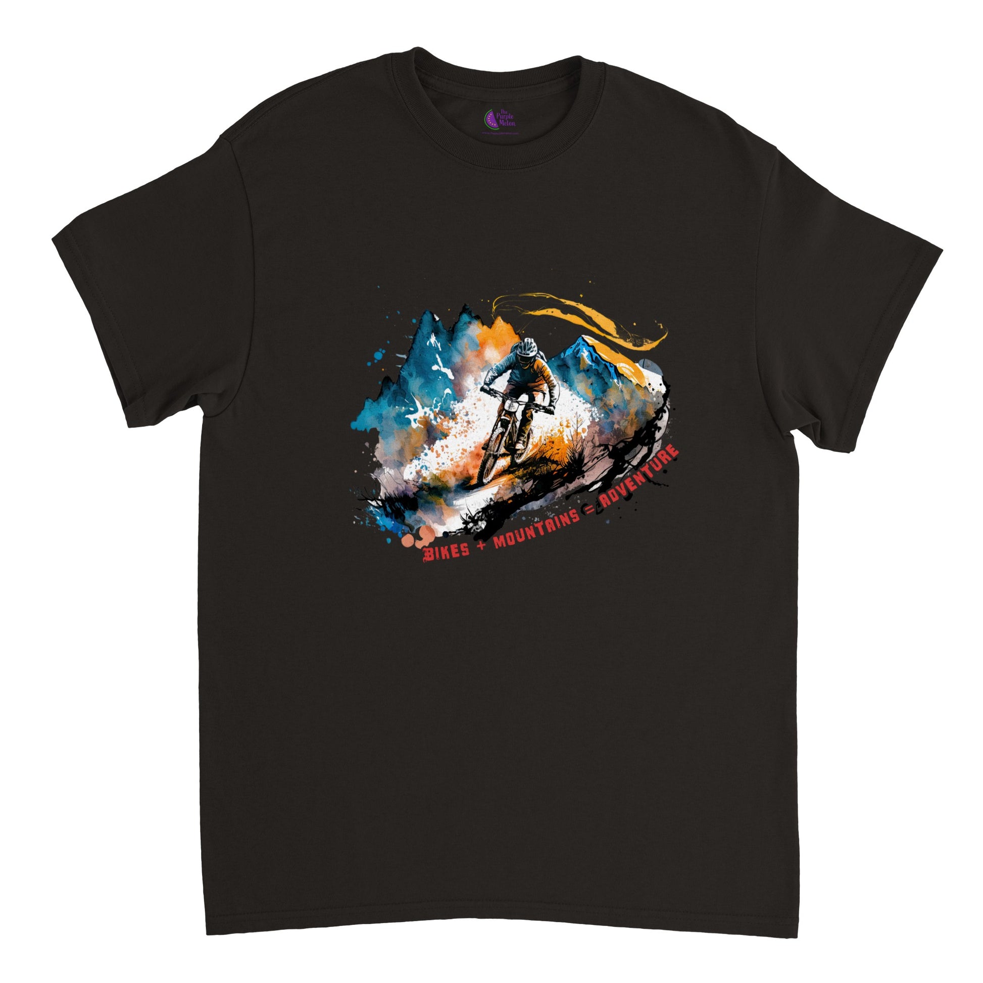 Black t-shirt with a mountain bike print with the caption Bikes + Mountains = Adventure