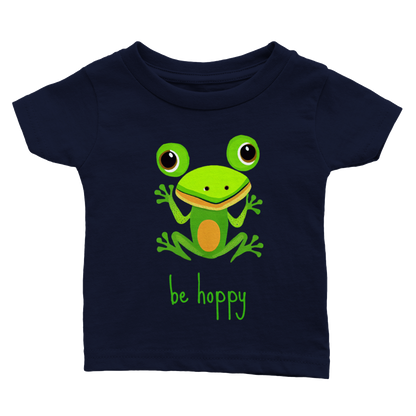 baby's navy t-shirt with cute be hoppy frog print