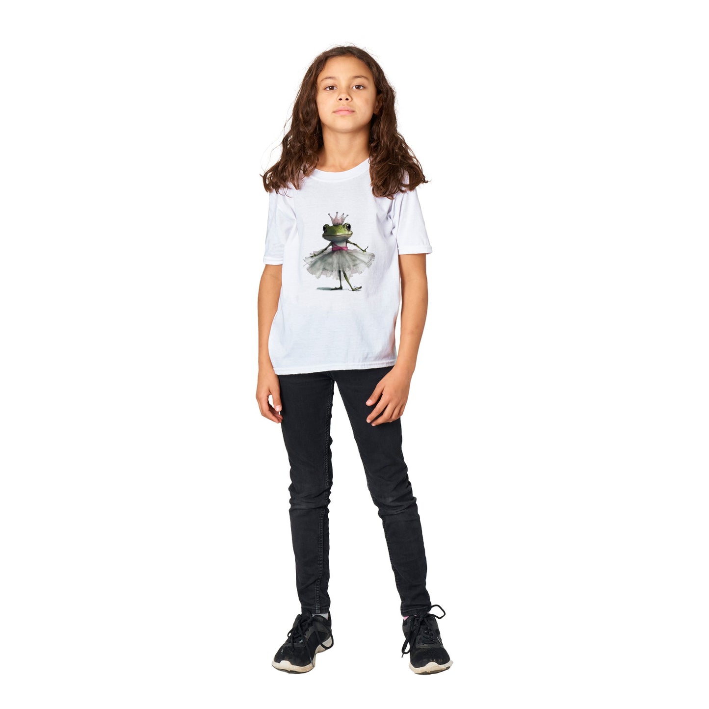 girl wearing a kids white t-shirt with a princess frog ballerina print