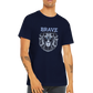 Guy wearing a navy t-shirt with a lion print and the word Brave