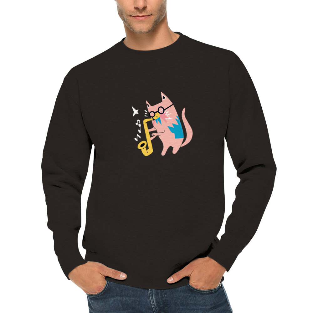 Pink Cat Playing a Saxophone Premium Unisex Crewneck Sweatshirt.