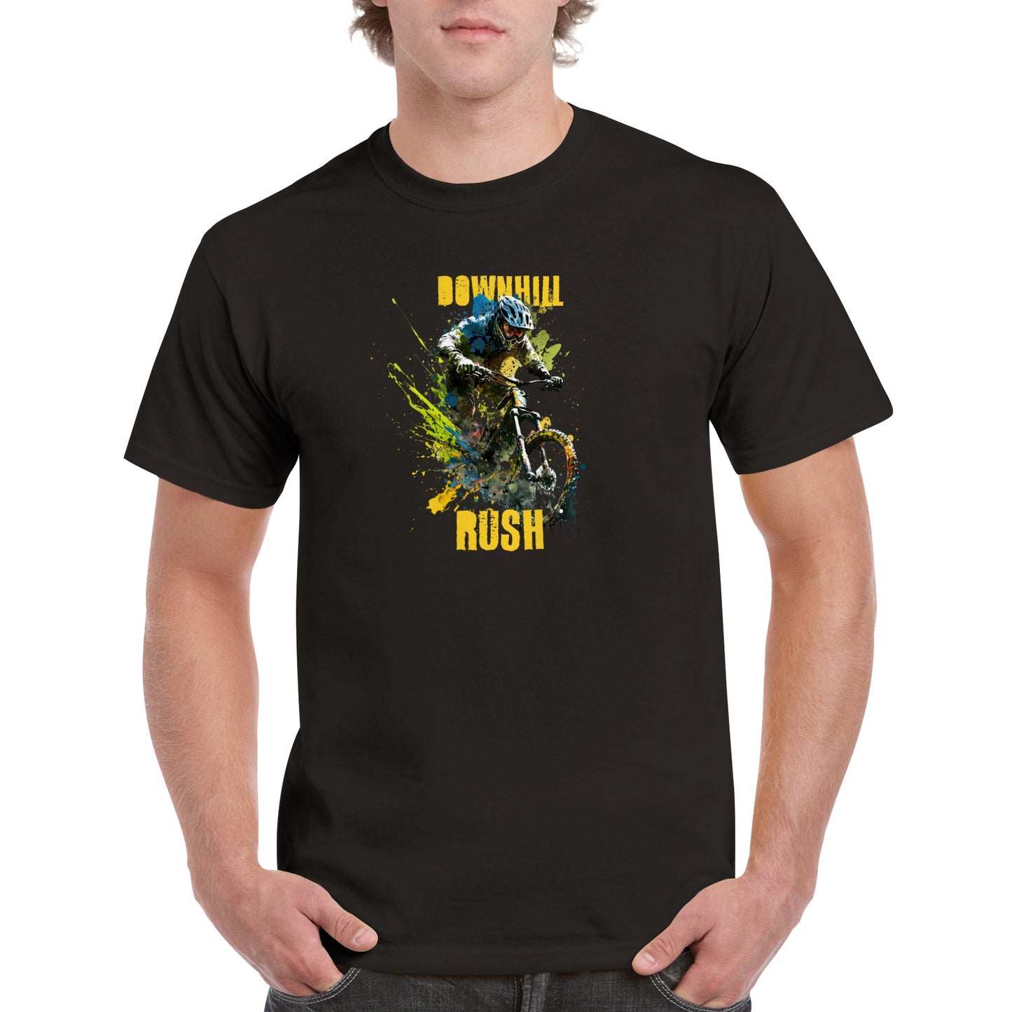 Guy wearing a black t-shirt with a downhill mountain biker print and the caption Downhill Rush