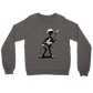 A grey sweatshirt with an alien playing a guitar print