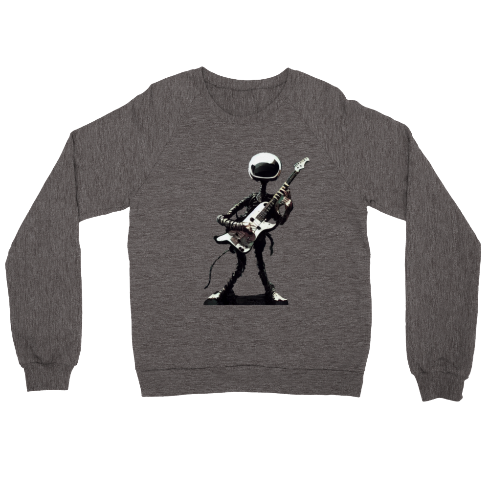 A grey sweatshirt with an alien playing a guitar print