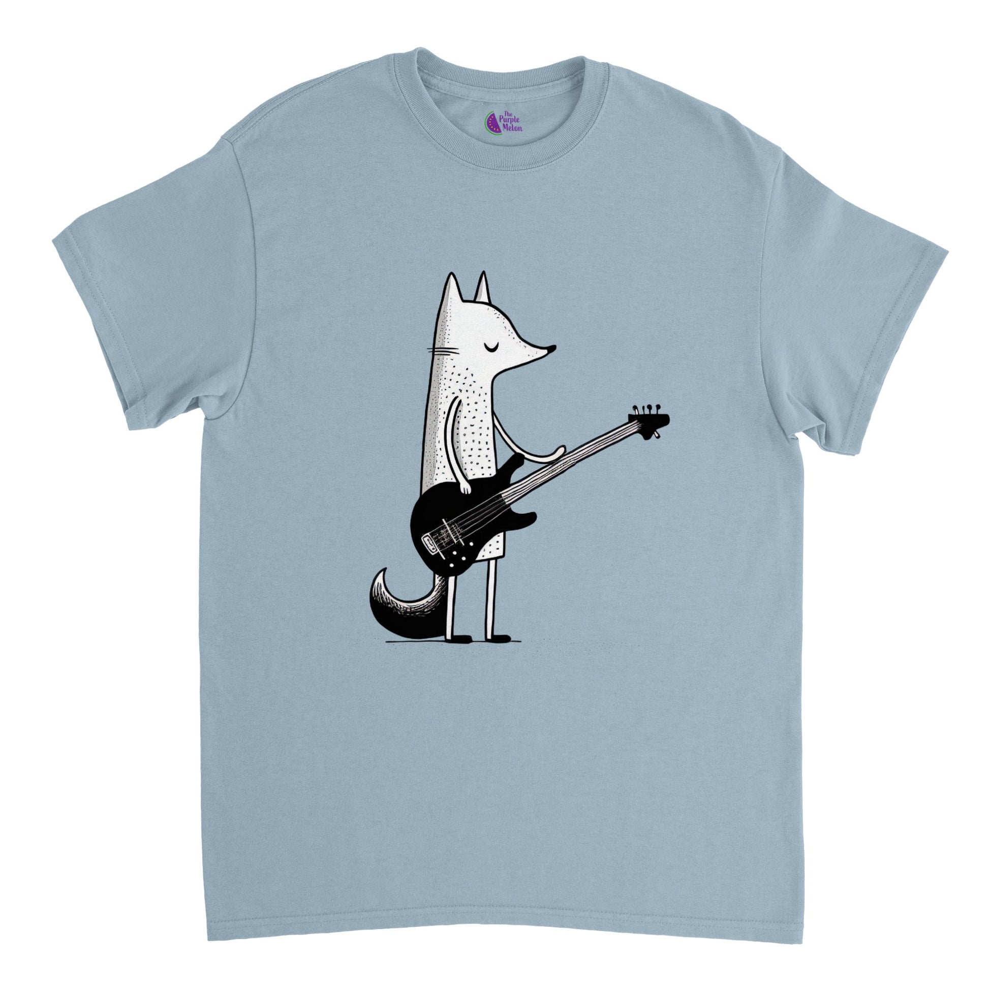 light blue t-shirt with a fox playing the bass guiutar print
