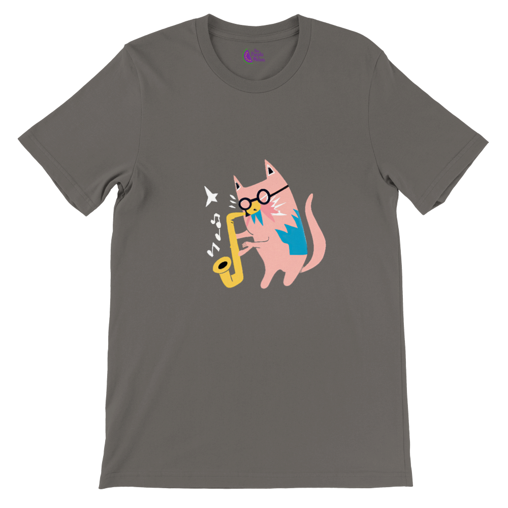 Grey t-shirt with a pink cat playing the saxophone print