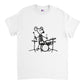 white t-shirt with a mouse playing drums print