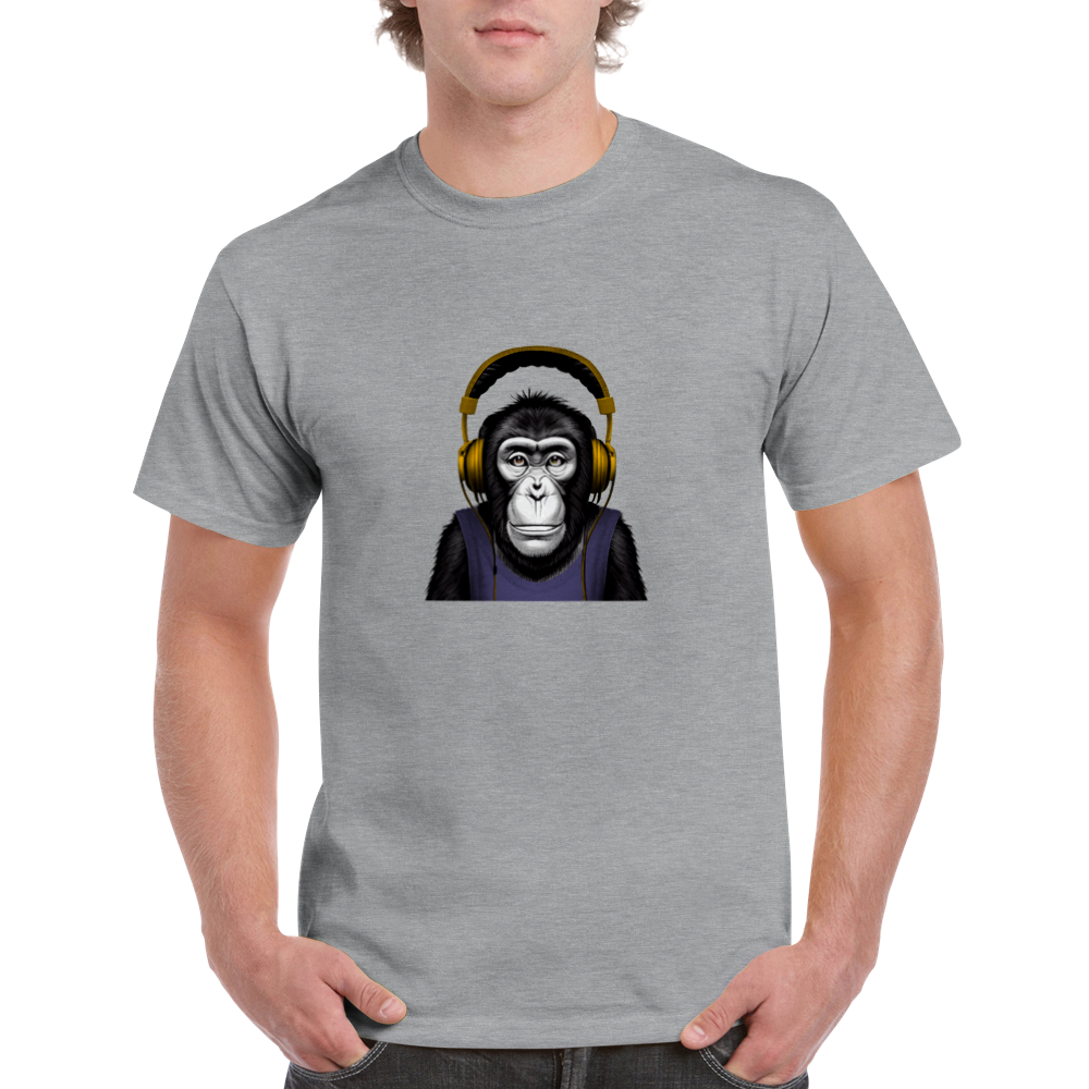 A guy wearing a grey t-shirt with a chimp wearing headphones listening to music print