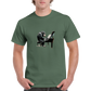 Guy wearing a green t-shirt with a chimp playing the piano print