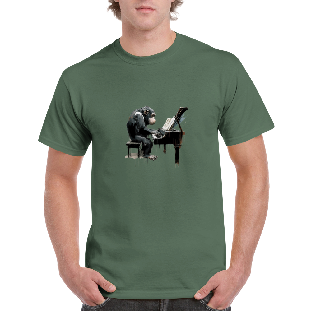 Guy wearing a green t-shirt with a chimp playing the piano print