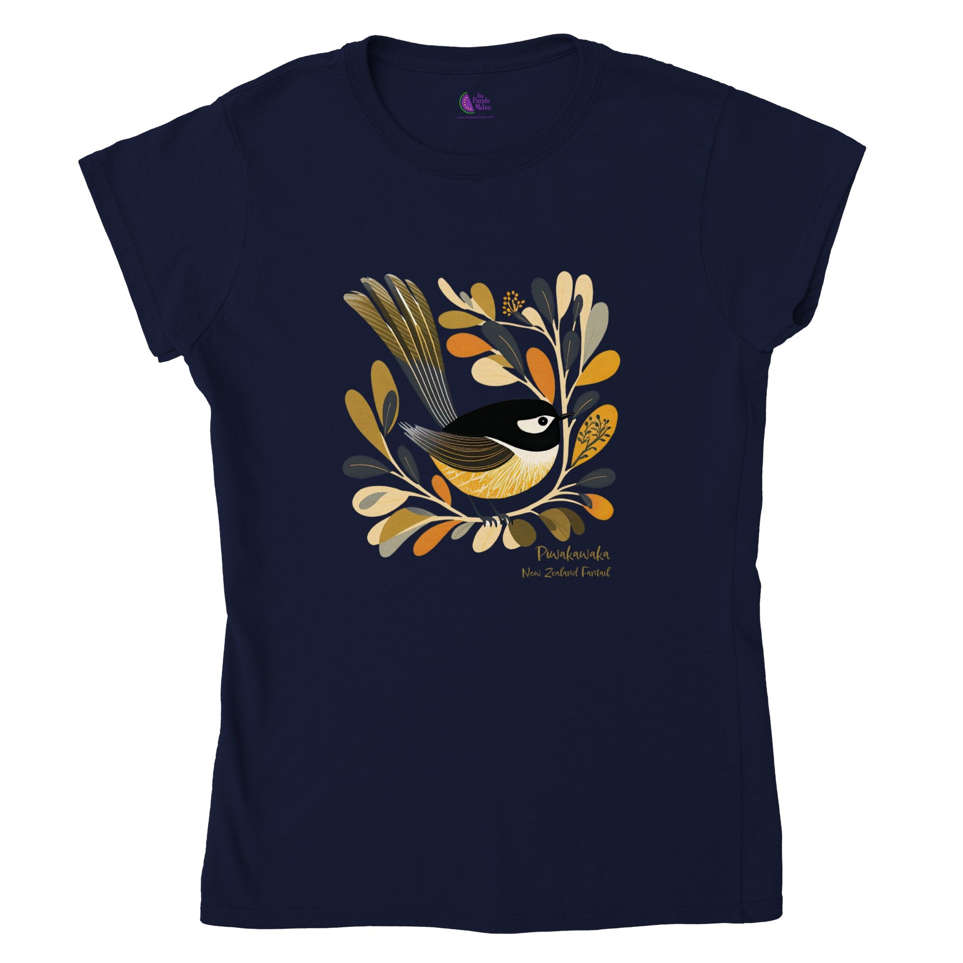 Navy t-shirt with a Pīwakawaka Fantail Print on the front