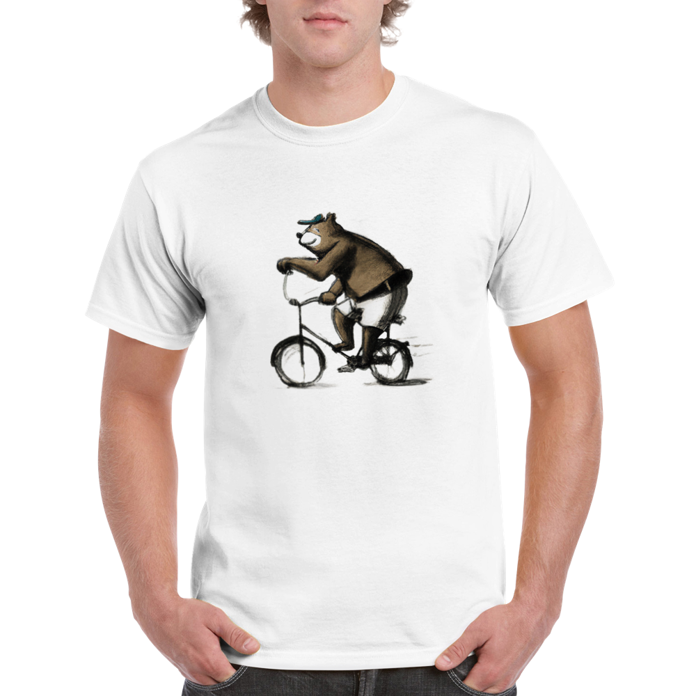 Man wearinga white t-shirt with a bear in shorts and cap  riding a bike