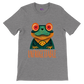 Grey t-shirt with a cute frog print with the caption Unfrogettable